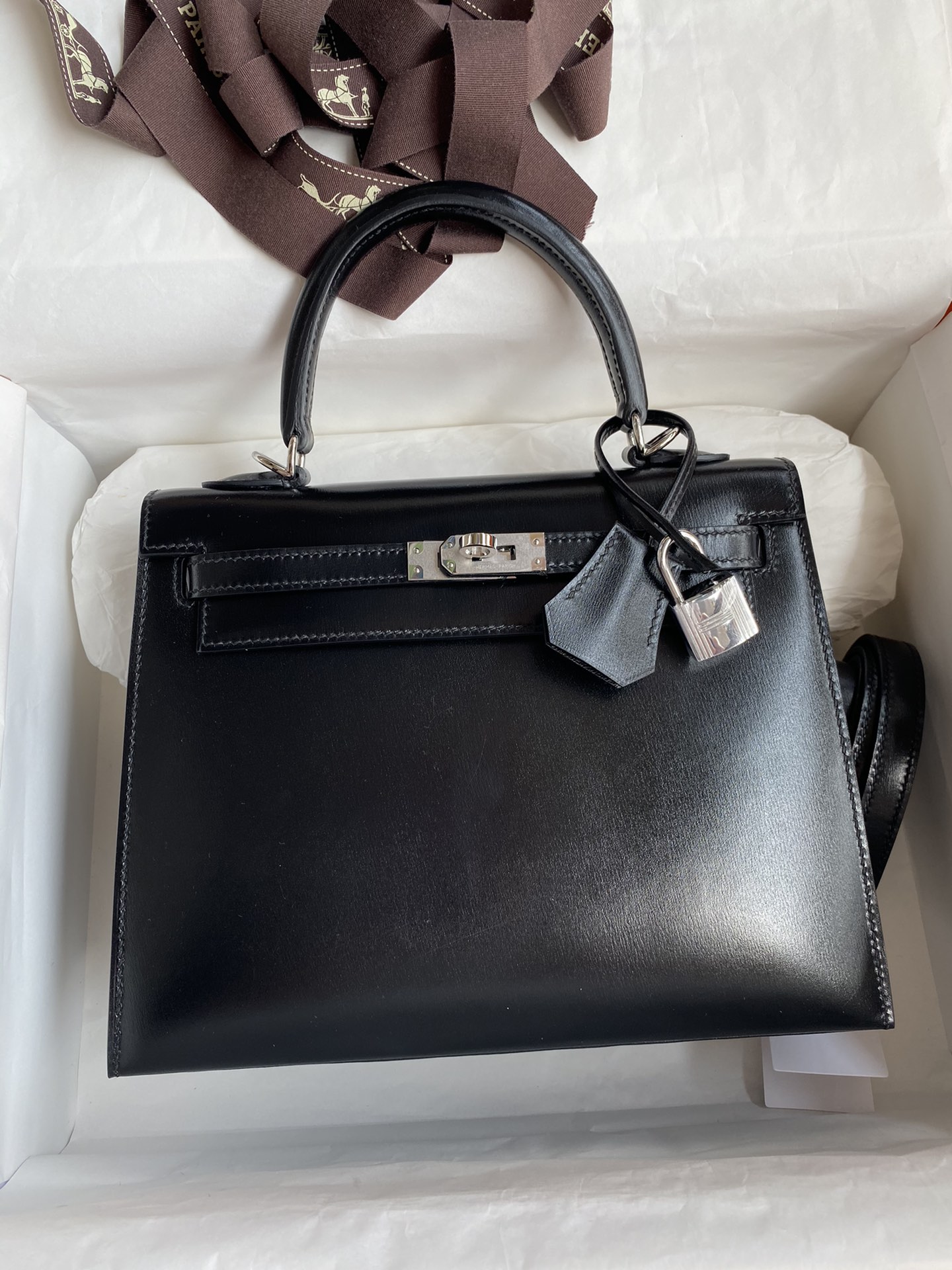 Hermes Kelly 25cm Handbag Shoulder Bag in Black Box Leather